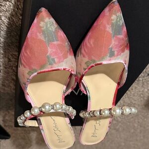 Betsey Johnson Pink Floral Mules with Pearl Accents